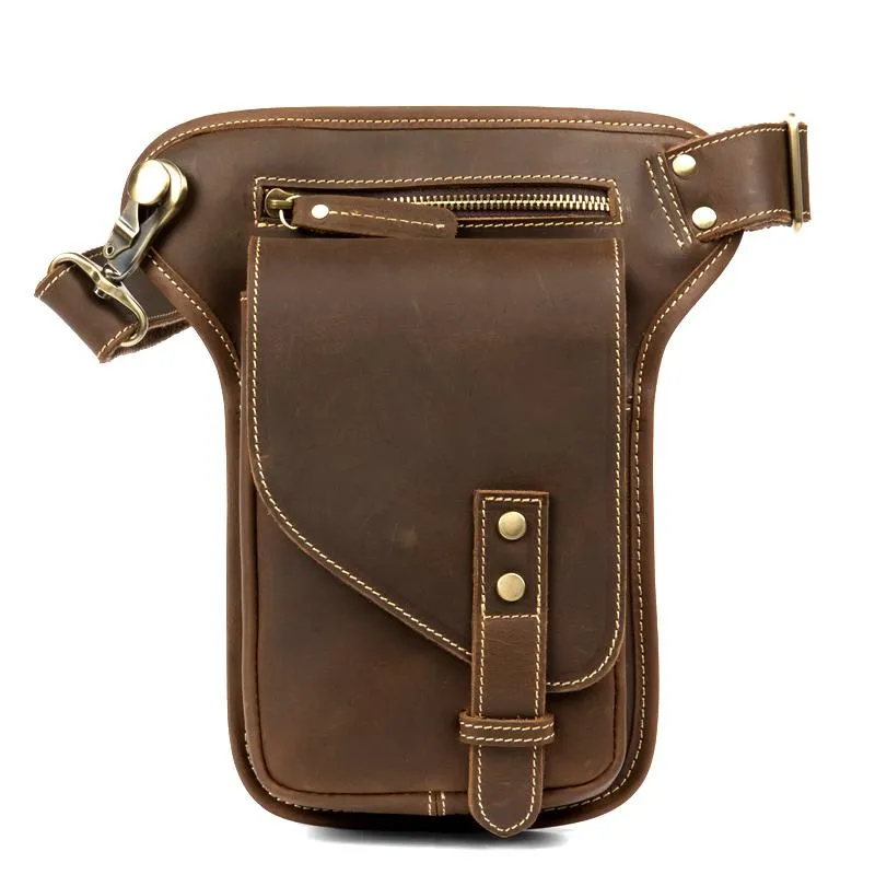 Cool Dark Brown Leather Small Side Bag Waist Bag Messenger Bags Fanny Pack for Men