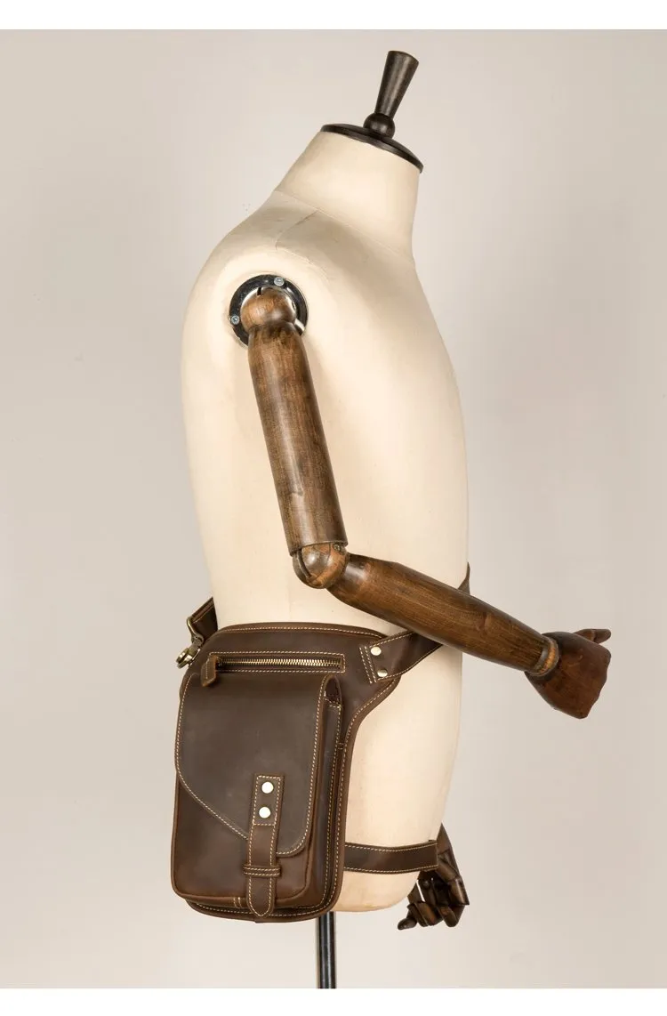 Cool Dark Brown Leather Small Side Bag Waist Bag Messenger Bags Fanny Pack for Men