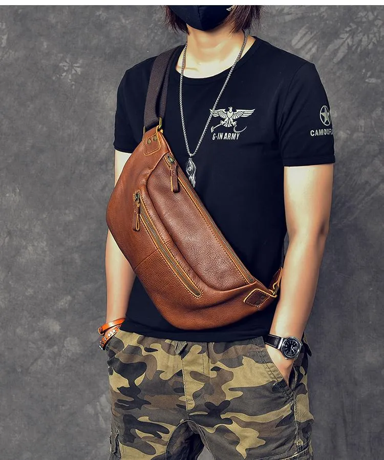 Cool Leather Mens 8" Large Brown Fanny Pack Waist Bag Hip Bag Chest Bag for Men