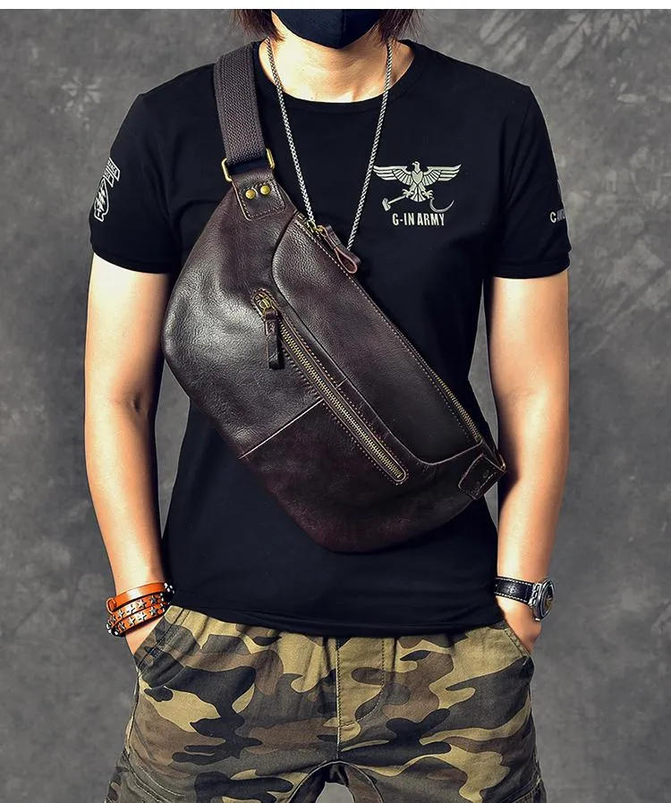 Cool Leather Mens 8" Large Brown Fanny Pack Waist Bag Hip Bag Chest Bag for Men