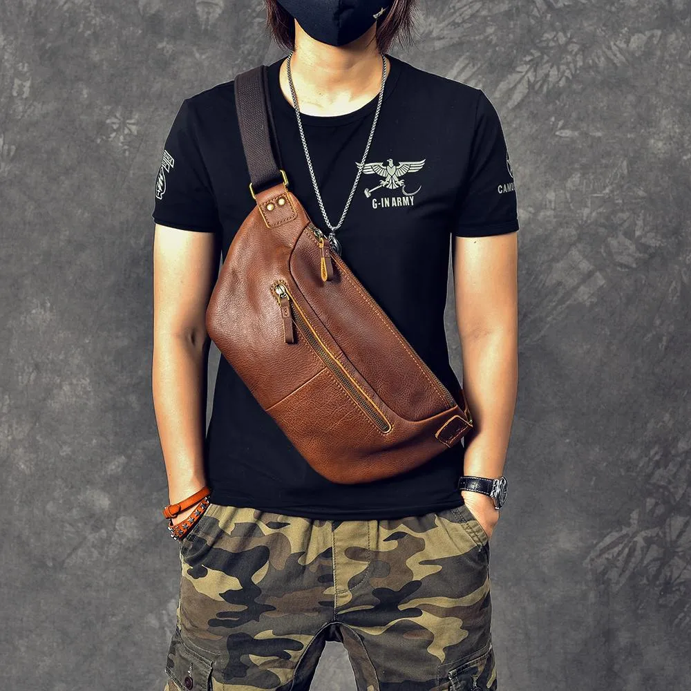Cool Leather Mens 8" Large Brown Fanny Pack Waist Bag Hip Bag Chest Bag for Men
