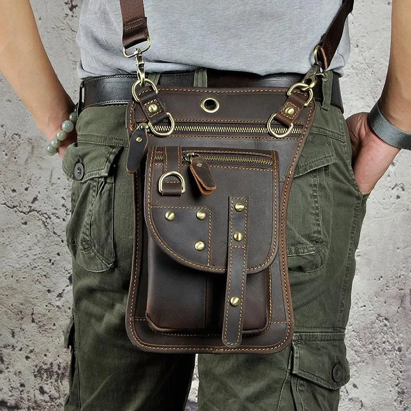 Cool Leather Utility Drop Leg Bag Belt Pouch Mens Waist Bag Shoulder Bag for Men
