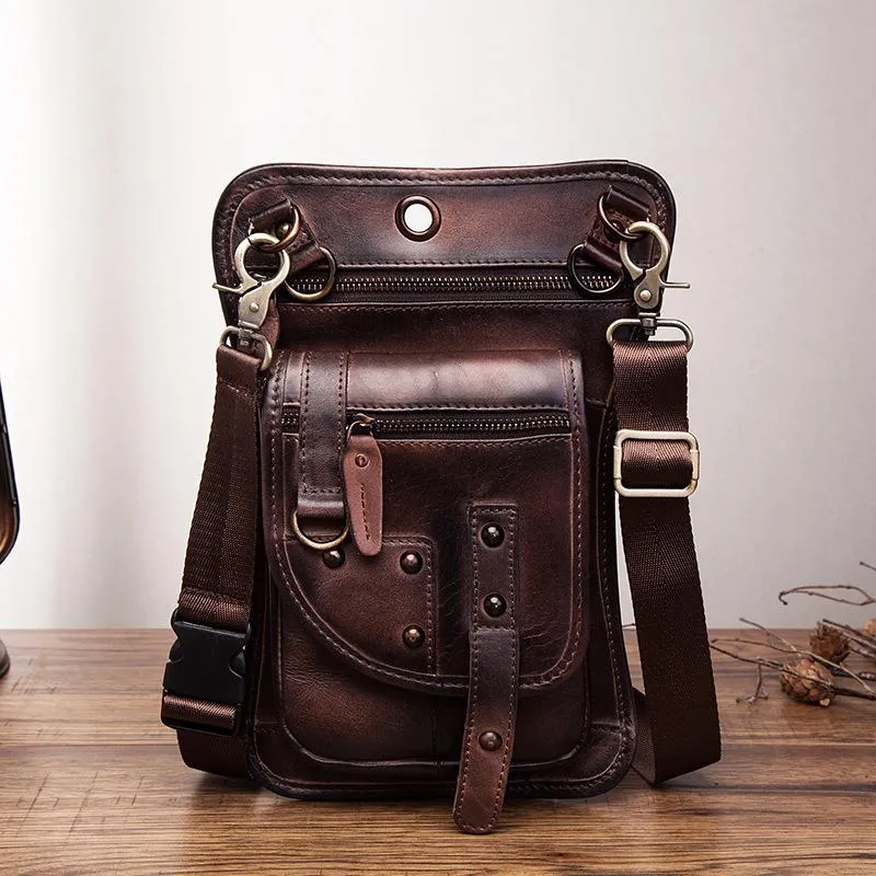 Cool Leather Utility Drop Leg Bag Belt Pouch Mens Waist Bag Shoulder Bag for Men