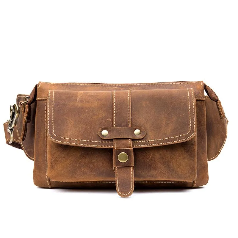 Cool Light Brown Leather Fanny Pack Mens Belt Bags Waist Bags Hip Pack Bumbag for Men
