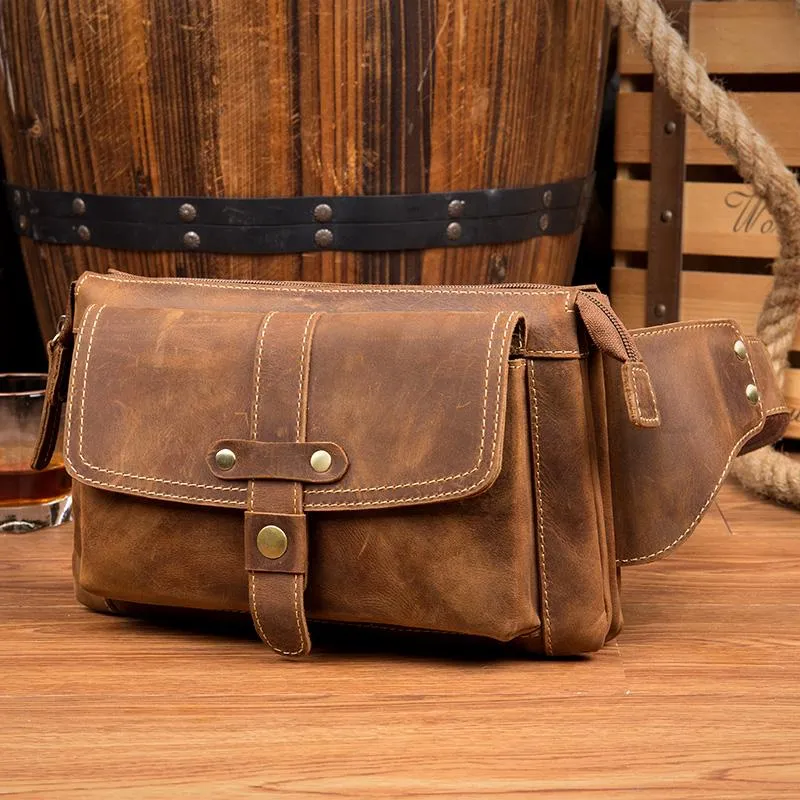 Cool Light Brown Leather Fanny Pack Mens Belt Bags Waist Bags Hip Pack Bumbag for Men