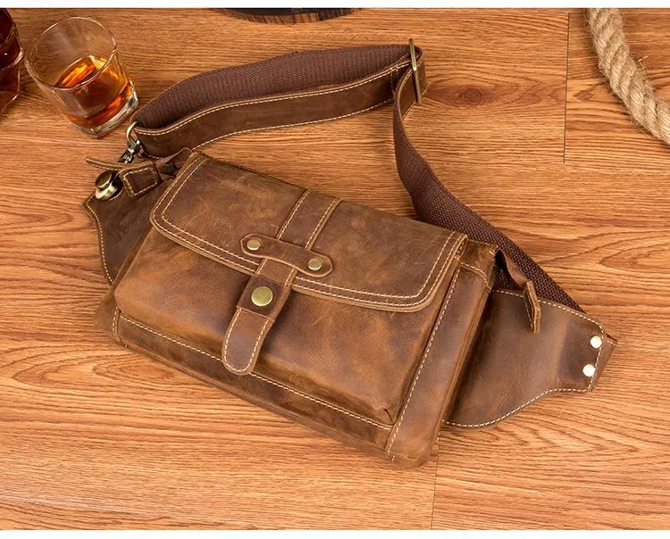 Cool Light Brown Leather Fanny Pack Mens Belt Bags Waist Bags Hip Pack Bumbag for Men