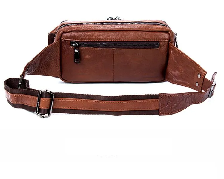 Cool Mens Brown Leather Fanny Pack Waist Bag Hip Pack Black Belt Bag Bumbag for Men