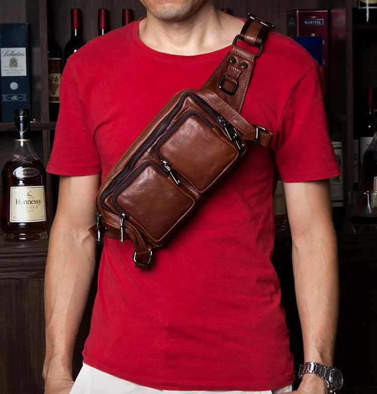 Cool Mens Brown Leather Fanny Pack Waist Bag Hip Pack Black Belt Bag Bumbag for Men