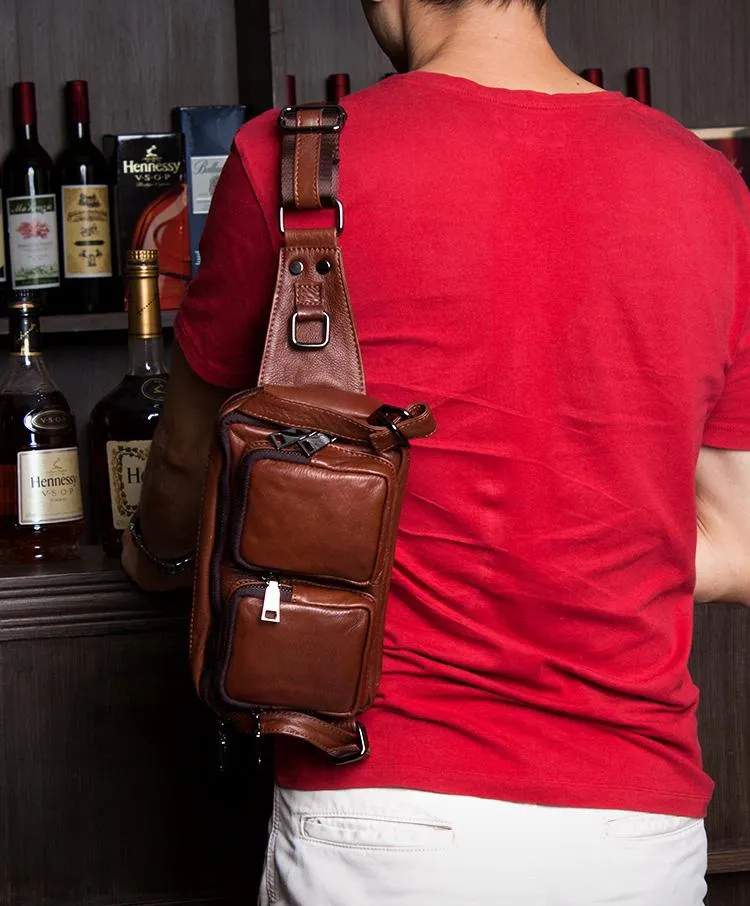 Cool Mens Brown Leather Fanny Pack Waist Bag Hip Pack Black Belt Bag Bumbag for Men