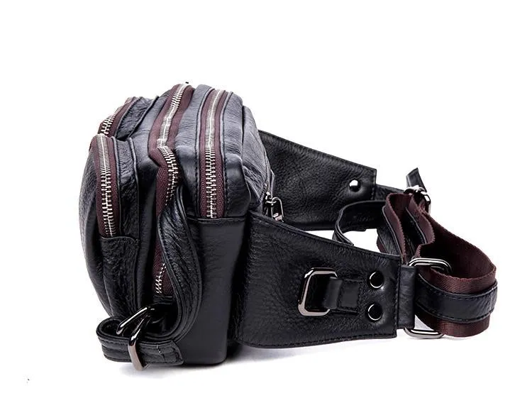 Cool Mens Brown Leather Fanny Pack Waist Bag Hip Pack Black Belt Bag Bumbag for Men