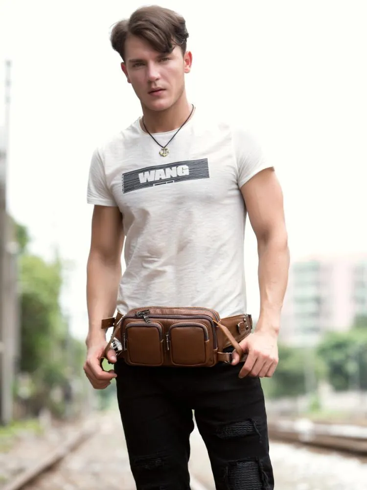 Cool Mens Brown Leather Fanny Pack Waist Bag Hip Pack Black Belt Bag Bumbag for Men