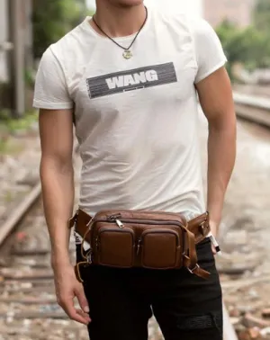 Cool Mens Brown Leather Fanny Pack Waist Bag Hip Pack Black Belt Bag Bumbag for Men