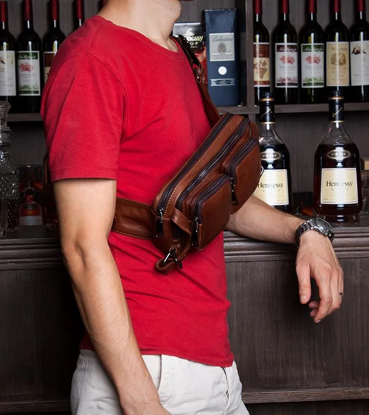 Cool Mens Brown Leather Fanny Pack Waist Bag Hip Pack Black Belt Bag Bumbag for Men
