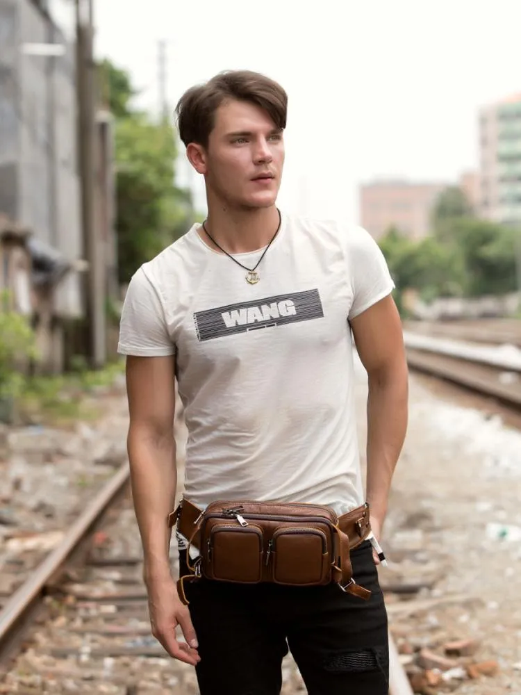 Cool Mens Brown Leather Fanny Pack Waist Bag Hip Pack Black Belt Bag Bumbag for Men