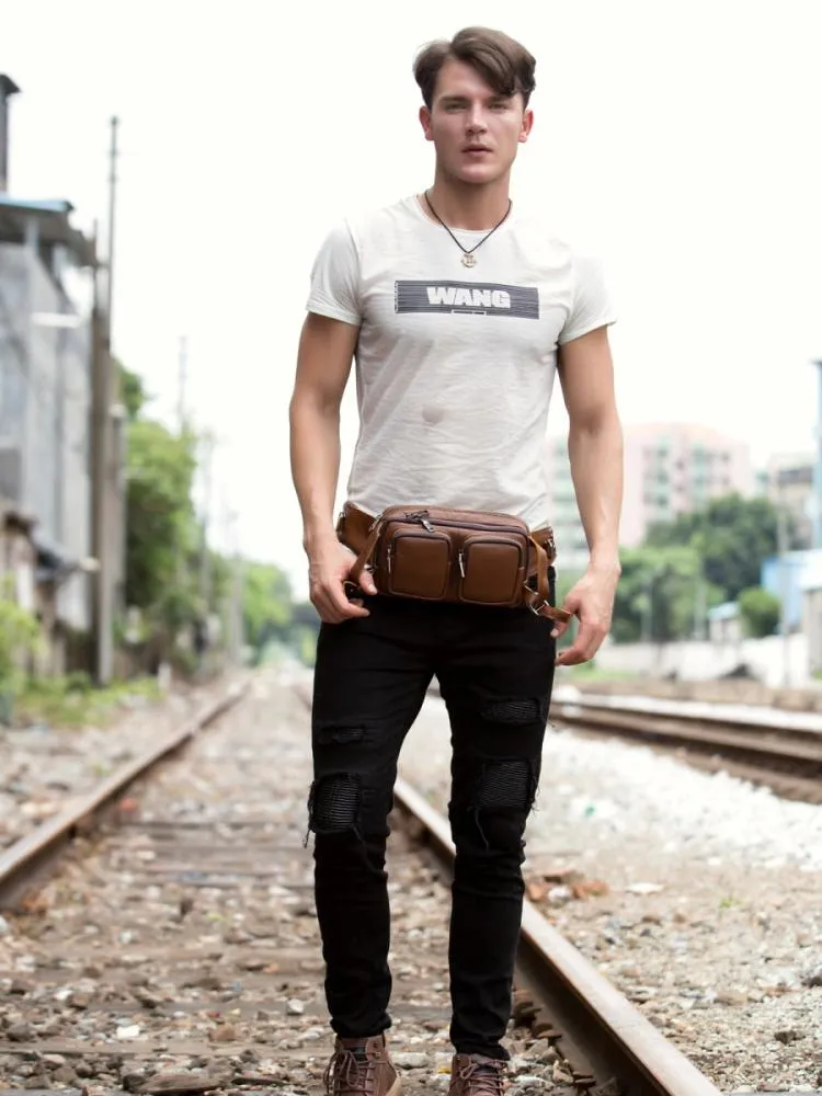 Cool Mens Brown Leather Fanny Pack Waist Bag Hip Pack Black Belt Bag Bumbag for Men