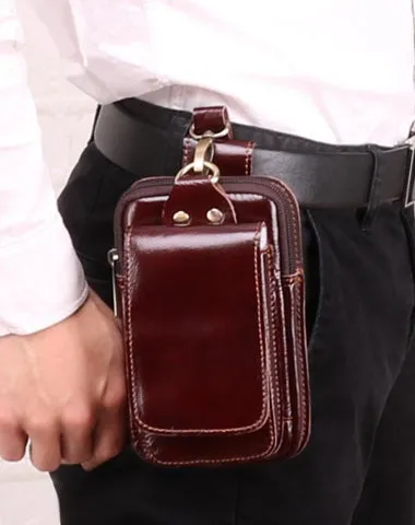 Cool Red Brown Oil Waxed Leather Mens Belt Case Belt Pouch Mini Waist Pouch Belt Bags For Men