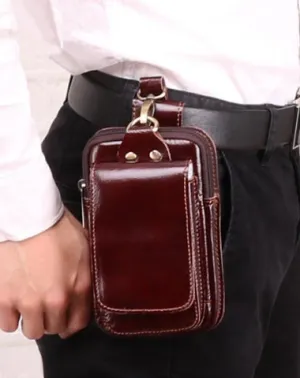 Cool Red Brown Oil Waxed Leather Mens Belt Case Belt Pouch Mini Waist Pouch Belt Bags For Men