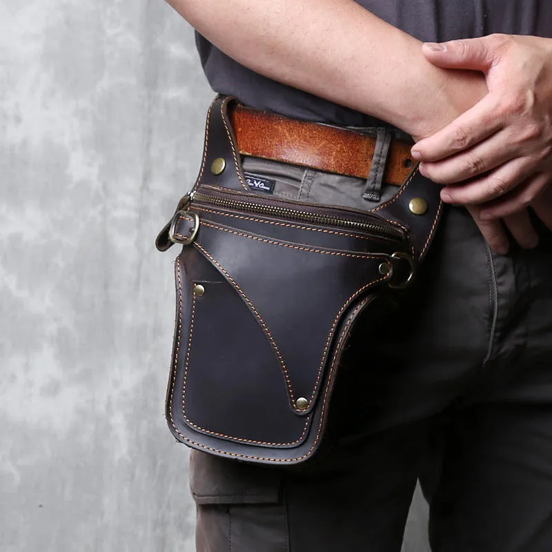 Cool Tan Men's Motorcycle Belt Pouch Belt Bag Leather Drop Leg Bag Waist Bag For Men
