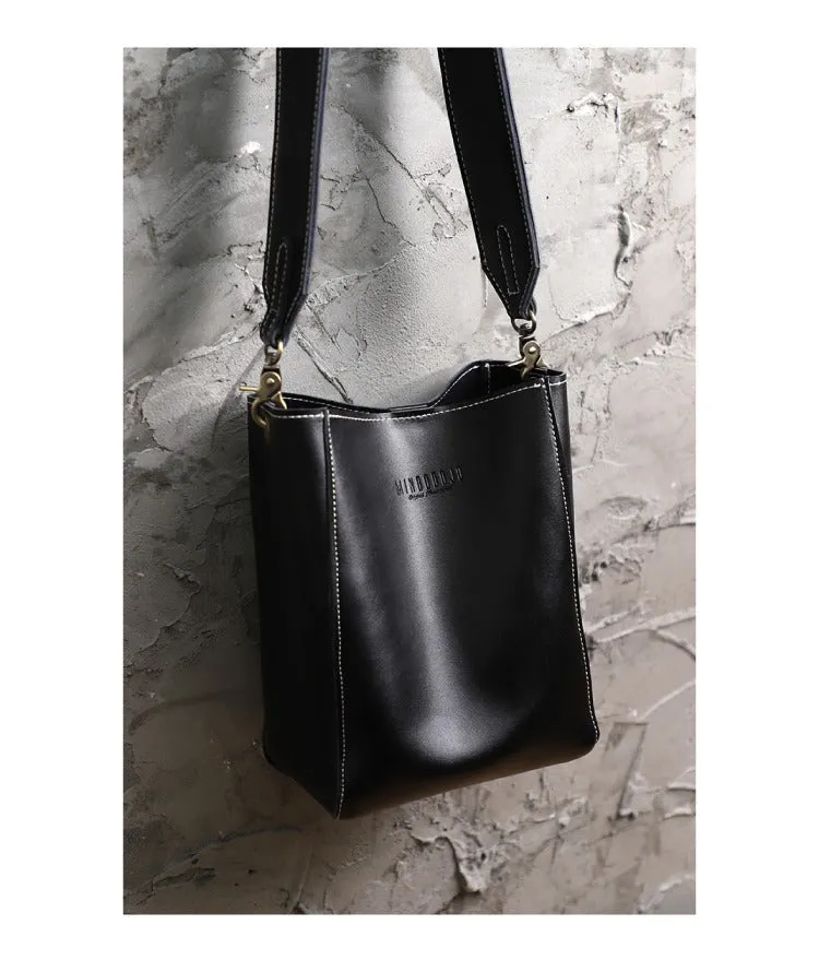 Cute Black LEATHER WOMEN Bucket SHOULDER BAG Barrel Crossbody Purses FOR WOMEN