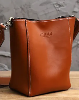 Cute Brown LEATHER WOMEN Bucket SHOULDER BAG Barrel Crossbody Purses FOR WOMEN