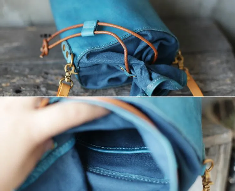 Cute Mini Womens Leather Blue Bucket Shoulder Bag Brown Drawstring Bucket Side Bag for Ladies