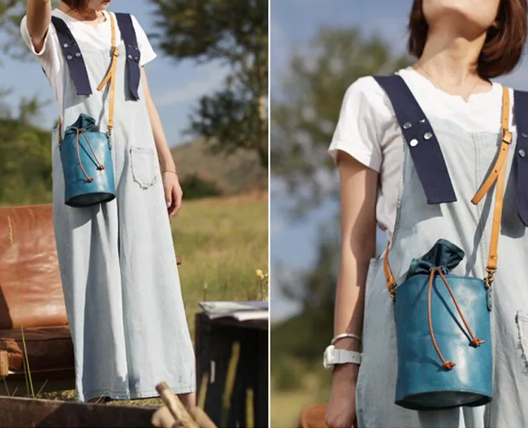 Cute Mini Womens Leather Blue Bucket Shoulder Bag Brown Drawstring Bucket Side Bag for Ladies