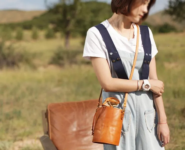 Cute Mini Womens Leather Blue Bucket Shoulder Bag Brown Drawstring Bucket Side Bag for Ladies