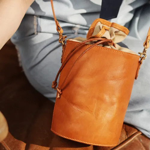 Cute Mini Womens Leather Blue Bucket Shoulder Bag Brown Drawstring Bucket Side Bag for Ladies