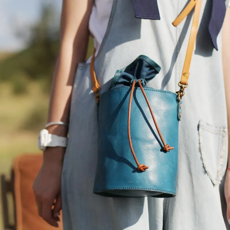 Cute Mini Womens Leather Blue Bucket Shoulder Bag Brown Drawstring Bucket Side Bag for Ladies