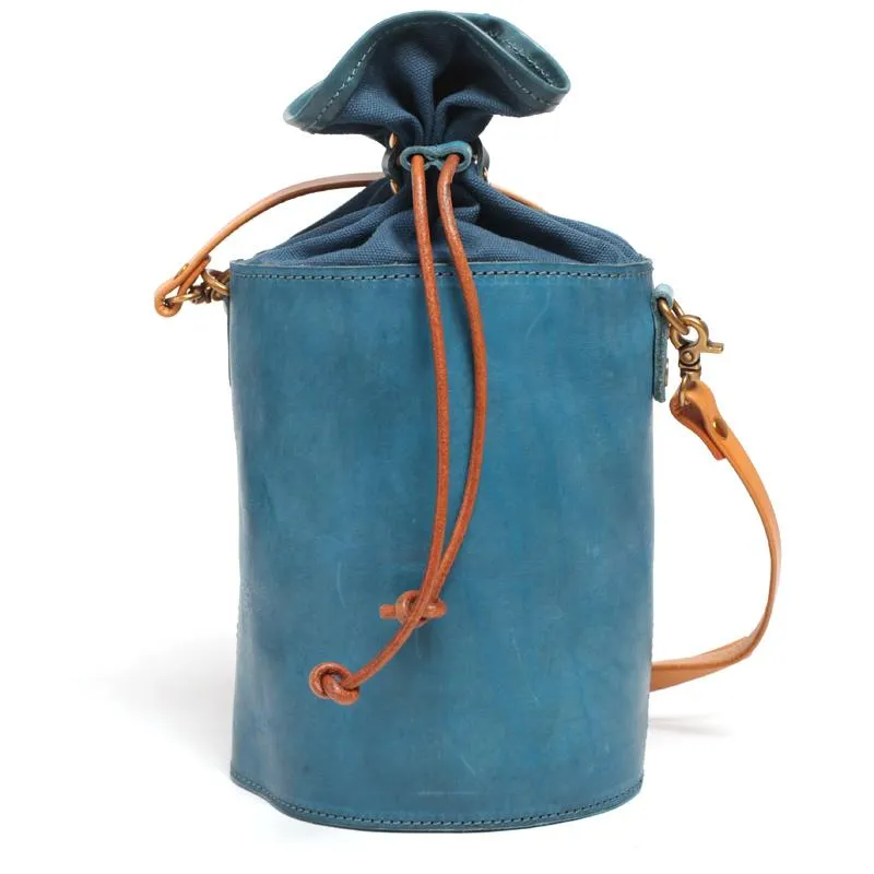 Cute Mini Womens Leather Blue Bucket Shoulder Bag Brown Drawstring Bucket Side Bag for Ladies