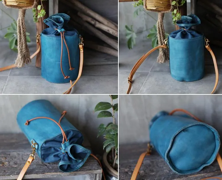 Cute Mini Womens Leather Blue Bucket Shoulder Bag Brown Drawstring Bucket Side Bag for Ladies