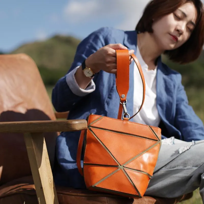 Cute Small Green Womens Leather Bucket Handbag Clutch Brown Leather Bucket Side Bag Shoulder Bag