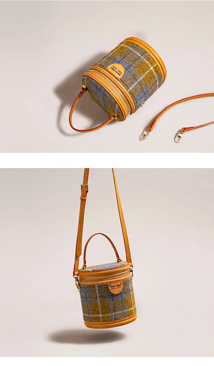 Cute Womens Black Leather Tweed Bucket Handbag Barrel Crossbody Purse Handmade Round Shoulder Bag for Women