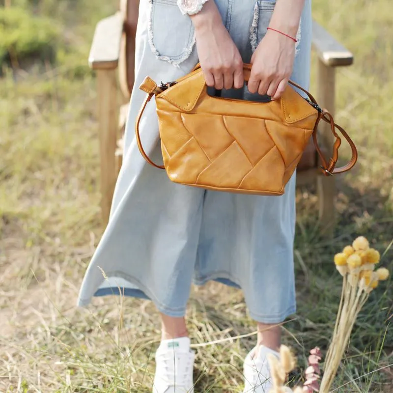 Cute Womens Brown Leather Bucket Handbag Woven Weaved Brown Leather Side Purse for Womens