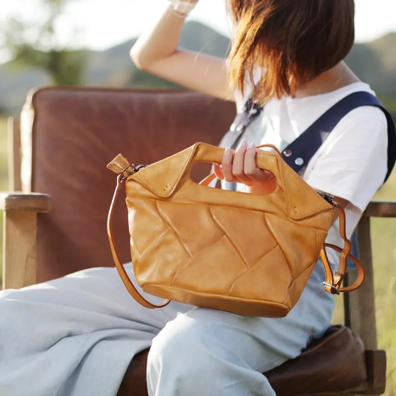 Cute Womens Brown Leather Bucket Handbag Woven Weaved Brown Leather Side Purse for Womens