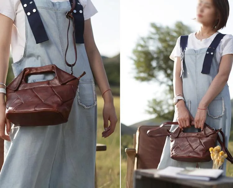 Cute Womens Brown Leather Bucket Handbag Woven Weaved Brown Leather Side Purse for Womens