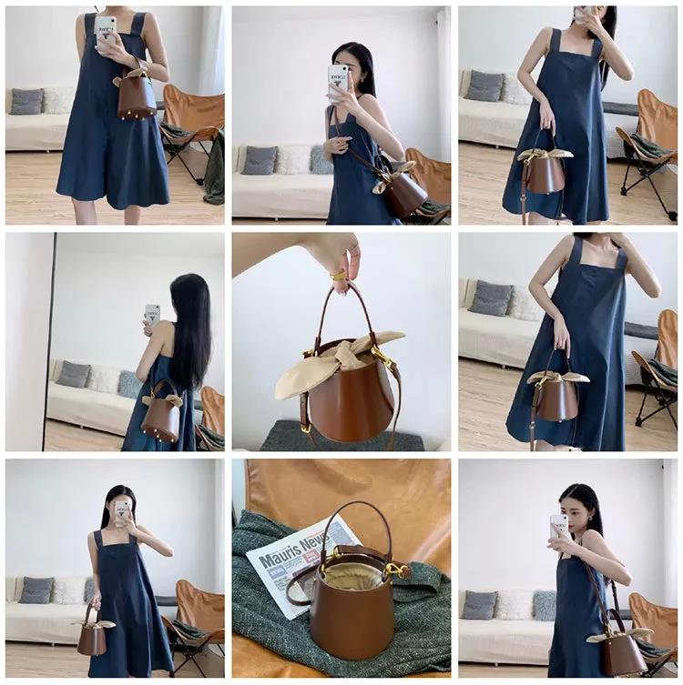 Cute Womens Coffee Round Leather Handbag Barrel Crossbody Purse Bucket Shoulder Bag for Women