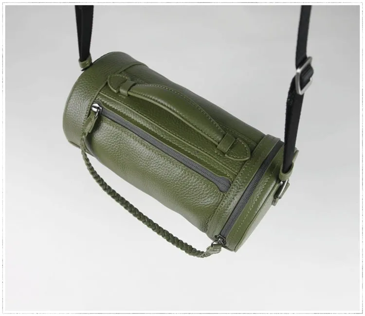 Cute Womens Dark Khaki Leather Bucket Shoulder Purse Barrel Crossbody Bag Purse for Ladies