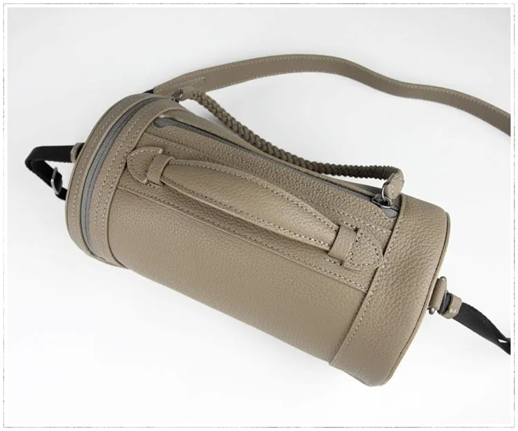 Cute Womens Dark Khaki Leather Bucket Shoulder Purse Barrel Crossbody Bag Purse for Ladies