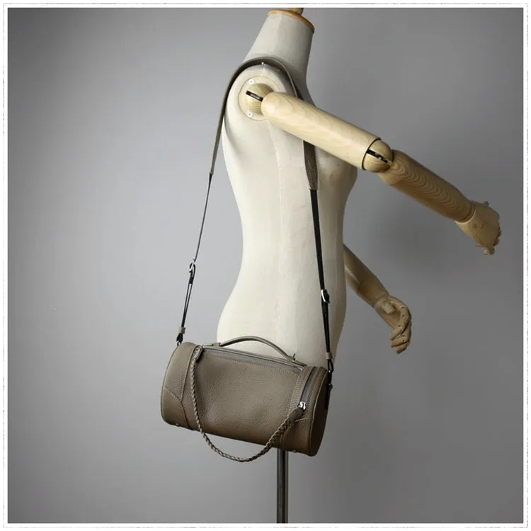 Cute Womens Dark Khaki Leather Bucket Shoulder Purse Barrel Crossbody Bag Purse for Ladies