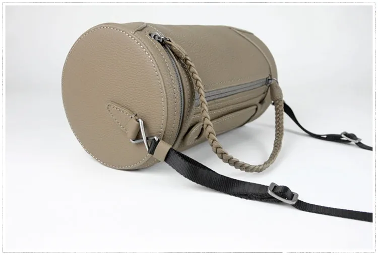 Cute Womens Dark Khaki Leather Bucket Shoulder Purse Barrel Crossbody Bag Purse for Ladies
