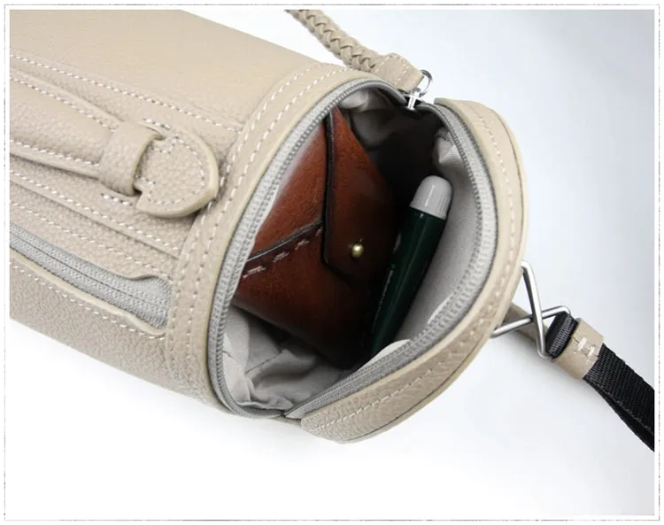 Cute Womens Dark Khaki Leather Bucket Shoulder Purse Barrel Crossbody Bag Purse for Ladies