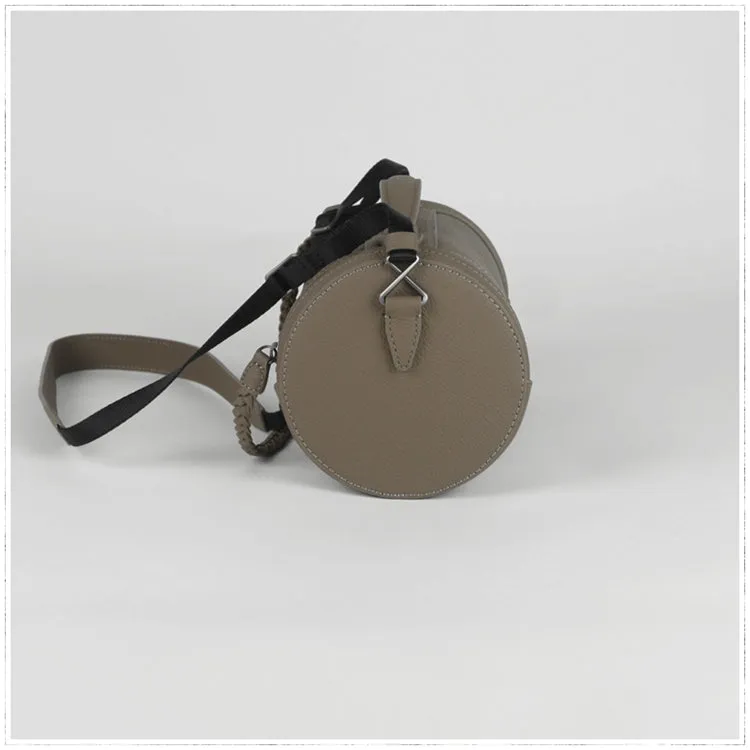 Cute Womens Dark Khaki Leather Bucket Shoulder Purse Barrel Crossbody Bag Purse for Ladies