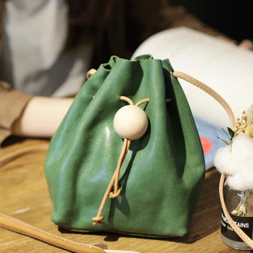 Cute Womens Green Leather Small Bucket Shoulder Bag Drawstring Green Small Bucket Crossbody Purse