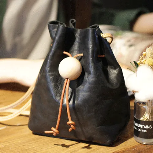 Cute Womens Green Leather Small Bucket Shoulder Bag Drawstring Green Small Bucket Crossbody Purse