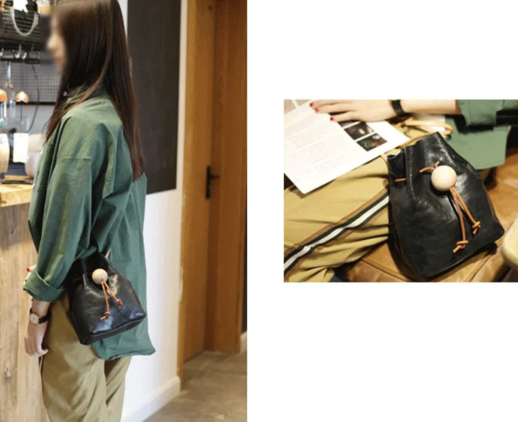 Cute Womens Green Leather Small Bucket Shoulder Bag Drawstring Green Small Bucket Crossbody Purse