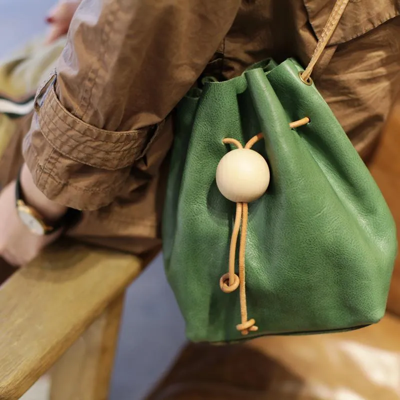 Cute Womens Green Leather Small Bucket Shoulder Bag Drawstring Green Small Bucket Crossbody Purse