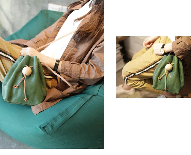 Cute Womens Green Leather Small Bucket Shoulder Bag Drawstring Green Small Bucket Crossbody Purse