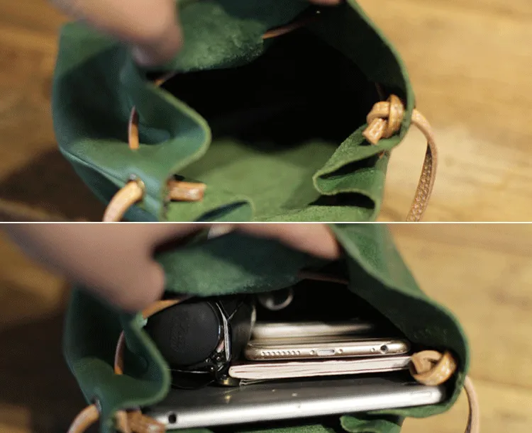 Cute Womens Green Leather Small Bucket Shoulder Bag Drawstring Green Small Bucket Crossbody Purse