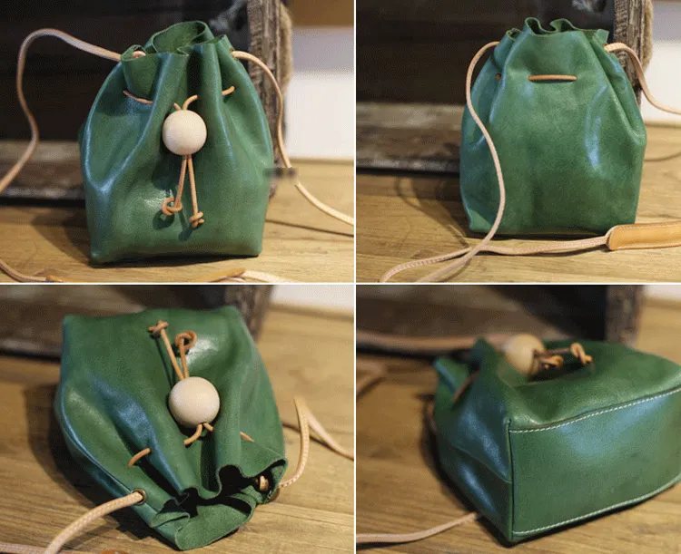 Cute Womens Green Leather Small Bucket Shoulder Bag Drawstring Green Small Bucket Crossbody Purse